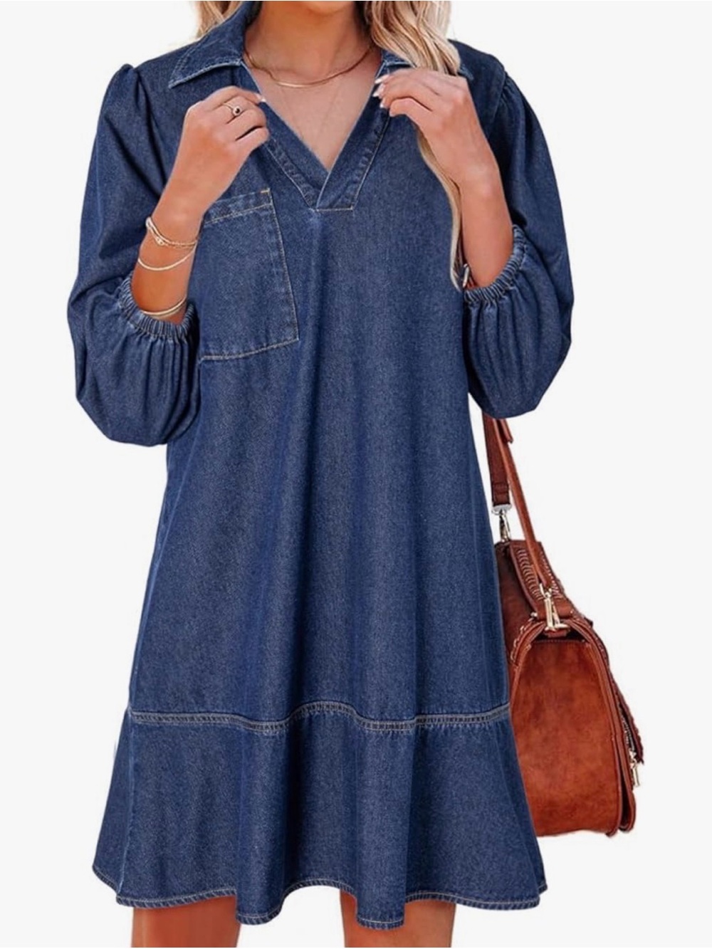 Denim Dress - Western Chic Fall 3/4 Puff Sleeve Babydoll Blue Jean Dokotoo M